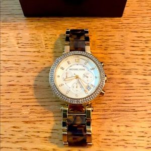 Used Michael Kors gold and tortoise watch w case